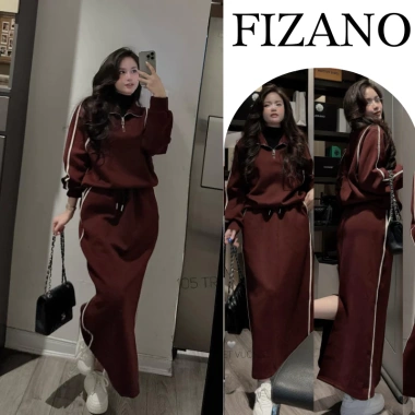 Bộ nỉ nữ thu đông áo sweater croptop cổ polo và chân váy suông dài đỏ line trắng Fizano HCOM3.640