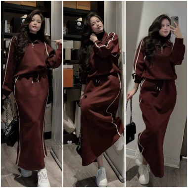 Bộ nỉ nữ thu đông áo sweater croptop cổ polo và chân váy suông dài đỏ line trắng Fizano HCOM3.640