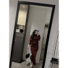 Bộ nỉ nữ thu đông áo sweater croptop cổ polo và chân váy suông dài đỏ line trắng Fizano HCOM3.640 7