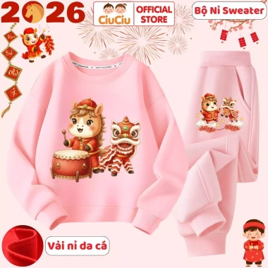 Bộ Nỉ Sweater Tết Bính Ngọ 2.026 Múa Lân CIUCIU - Da Cá Mềm Ấm cho Bé Trai & Bé Gái 296k
