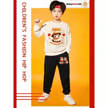 Bộ Nỉ Tết GoGo Baby Đồ Bé Trai Bé Gái Vải Nỉ Da Cá In Hình Chúc Mừng Năm Mới Bính Ngọ - 243k