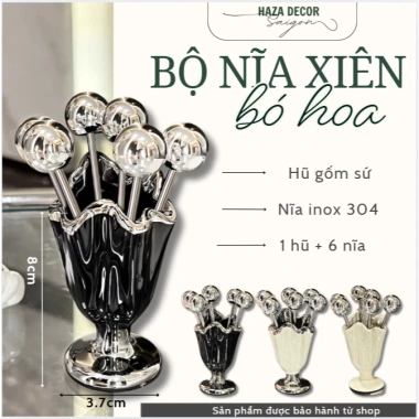 Bộ nĩa xiên trái cây inox không gỉ và hũ đựng nĩa gốm sứ viền bạc bàn phòng khách, giá ưu đãi 205.000₫