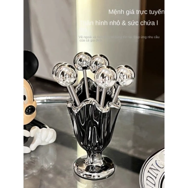 Bộ nĩa xiên trái cây inox không gỉ và hũ đựng nĩa gốm sứ viền bạc bàn phòng khách, giá ưu đãi 205.000₫