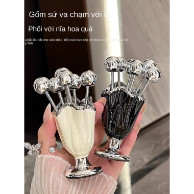 Bộ nĩa xiên trái cây inox không gỉ và hũ đựng nĩa gốm sứ viền bạc bàn phòng khách, giá ưu đãi 205.000₫