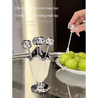 Bộ nĩa xiên trái cây inox không gỉ và hũ đựng nĩa gốm sứ viền bạc bàn phòng khách, giá ưu đãi 205.000₫