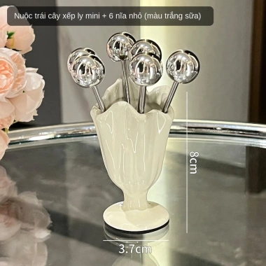 Bộ nĩa xiên trái cây inox không gỉ và hũ đựng nĩa gốm sứ viền bạc bàn phòng khách, giá ưu đãi 205.000₫
