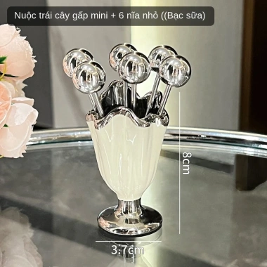 Bộ nĩa xiên trái cây inox không gỉ và hũ đựng nĩa gốm sứ viền bạc bàn phòng khách, giá ưu đãi 205.000₫