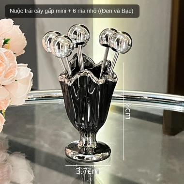 Bộ nĩa xiên trái cây inox không gỉ và hũ đựng nĩa gốm sứ viền bạc bàn phòng khách, giá ưu đãi 205.000₫