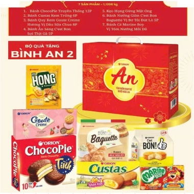 Bộ quà Tết Orion Bình An 1‑8, hộp quai xách, giá ưu đãi 159.000đ, Tết 2.026