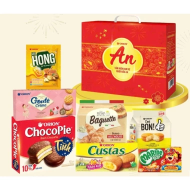 Bộ quà Tết Orion Bình An 1‑8, hộp quai xách, giá ưu đãi 159.000đ, Tết 2.026