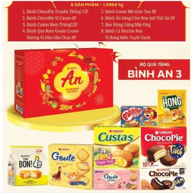 Bộ quà Tết Orion Bình An 1‑8, hộp quai xách, giá ưu đãi 159.000đ, Tết 2.026