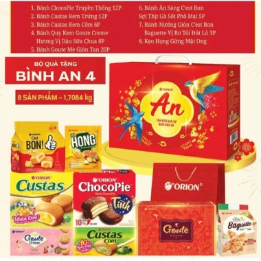 Bộ quà Tết Orion Bình An 1‑8, hộp quai xách, giá ưu đãi 159.000đ, Tết 2.026
