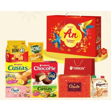 Bộ quà Tết Orion Bình An 1‑8, hộp quai xách, giá ưu đãi 159.000đ, Tết 2.026