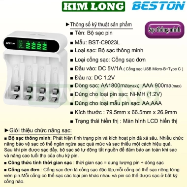 Bộ sạc BESTON C9.023L/C9.024L, Pin AA 3.300mAh & AAA 1.300mAh 1.2V - Giá 59.000₫ 2