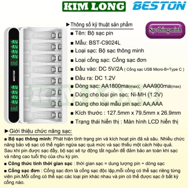 Bộ sạc BESTON C9.023L/C9.024L, Pin AA 3.300mAh & AAA 1.300mAh 1.2V - Giá 59.000₫ 3