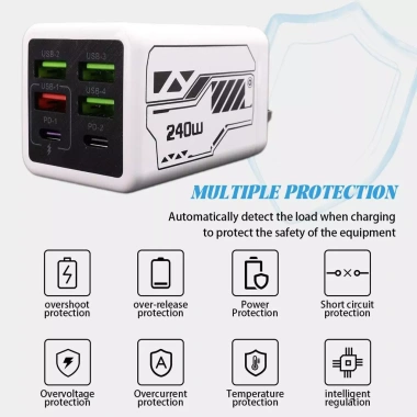 Bộ sạc đa cổng 240W 6 cổng (4USB+2PD) hỗ trợ iPhone, Android, chuyển đổi US/EU/UK, chống cháy PC+ABS - Giá 176k 8