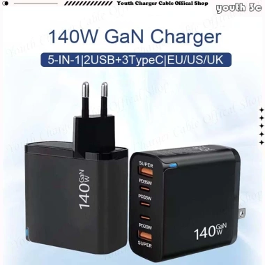 Bộ sạc GaN 140W 5 cổng nhanh 2 USB + 3 Type-C, hỗ trợ EU US UK, sạc du lịch - 224.579₫