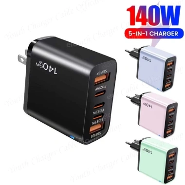 Bộ sạc GaN 140W 5 cổng nhanh 2 USB + 3 Type-C, hỗ trợ EU US UK, sạc du lịch - 224.579₫