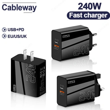 Bộ sạc GaN 240W cổng kép USB+PD, sạc nhanh EU/US/UK, cắm du lịch gắn tường