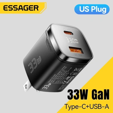 Bộ sạc GAN ESSAGER 33W USB-A + Type-C, hỗ trợ PPS PD3.0, QC4.0, 2.4A, sạc nhanh du lịch AFC