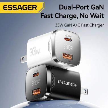 Bộ sạc GAN ESSAGER 33W USB-A + Type-C, hỗ trợ PPS PD3.0, QC4.0, 2.4A, sạc nhanh du lịch AFC