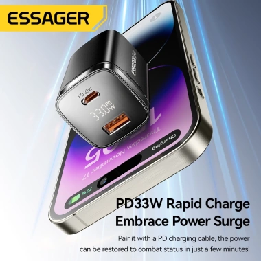 Bộ sạc GAN ESSAGER 33W USB-A + Type-C, hỗ trợ PPS PD3.0, QC4.0, 2.4A, sạc nhanh du lịch AFC