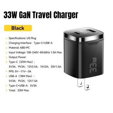 Bộ sạc GAN ESSAGER 33W USB-A + Type-C, hỗ trợ PPS PD3.0, QC4.0, 2.4A, sạc nhanh du lịch AFC