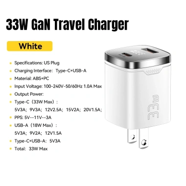 Bộ sạc GAN ESSAGER 33W USB-A + Type-C, hỗ trợ PPS PD3.0, QC4.0, 2.4A, sạc nhanh du lịch AFC