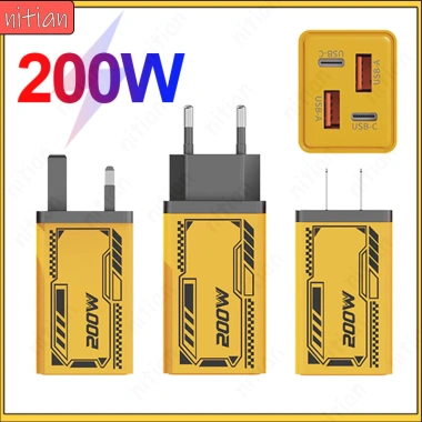 Bộ sạc nhanh 200W GaN 4 cổng 2USB+2Type‑C, đầu sạc EU/US/UK, du lịch đa năng