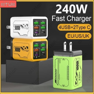 Bộ sạc nhanh 240W đa cổng 4 USB và 2 Type C, hỗ trợ giao thức đầy đủ, phù hợp du lịch EU Mỹ UK, cắm tường