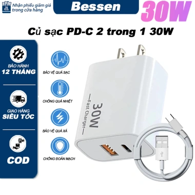 Bộ Sạc Nhanh 30W 2 Cổng USB-A + Type-C Hỗ Trợ PD, Tương Thích iOS & Android - Giá 137.400₫