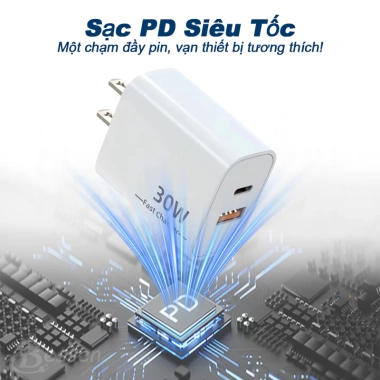 Bộ Sạc Nhanh 30W 2 Cổng USB-A + Type-C Hỗ Trợ PD, Tương Thích iOS & Android - Giá 137.400₫