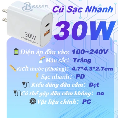 Bộ Sạc Nhanh 30W 2 Cổng USB-A + Type-C Hỗ Trợ PD, Tương Thích iOS & Android - Giá 137.400₫