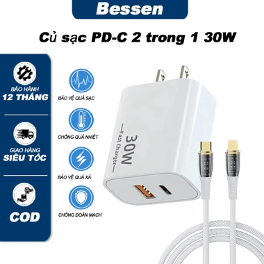 Bộ Sạc Nhanh 30W 2 Cổng USB-A + Type-C Hỗ Trợ PD, Tương Thích iOS & Android - Giá 137.400₫