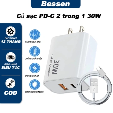 Bộ Sạc Nhanh 30W 2 Cổng USB-A + Type-C Hỗ Trợ PD, Tương Thích iOS & Android - Giá 137.400₫