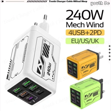 Bộ sạc nhanh 6 cổng 240W USB‑PD Mech – 6 trong 1, hỗ trợ EU/US/UK, sạc du lịch