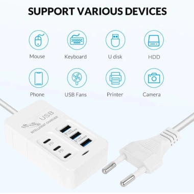 Bộ sạc nhanh 6 cổng PD 3.0, cáp mở rộng 100cm, điện áp kép, bảo vệ đa năng USB Trắng 5
