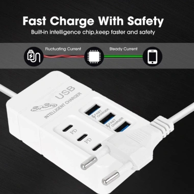 Bộ sạc nhanh 6 cổng PD 3.0, cáp mở rộng 100cm, điện áp kép, bảo vệ đa năng USB Trắng 8