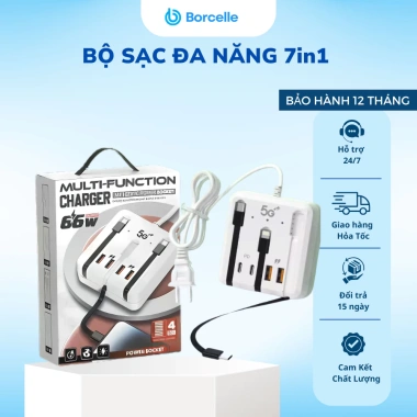 Bộ sạc nhanh 7in1 PD66W 2 USB + 2 Type-C, 3 cáp tự ngắt, sạc cho điện thoại và tablet, giá 145.000₫