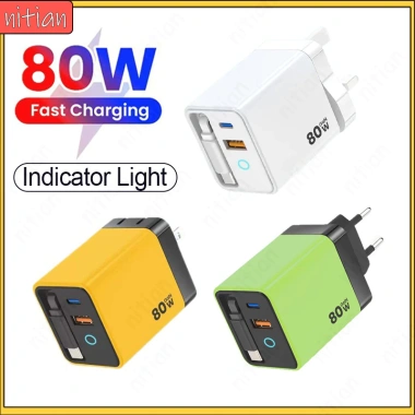Bộ sạc nhanh 80W GaN cổng kép, cáp Type‑C gập lại, EU/US/UK Plug – Đầu sạc du lịch siêu gọn
