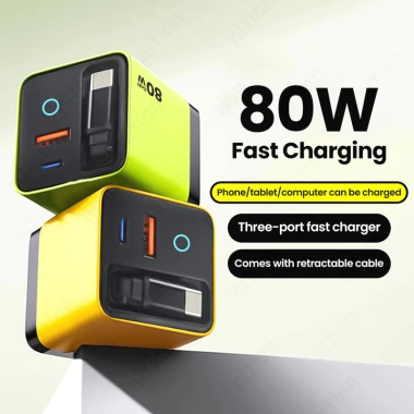 Bộ sạc nhanh 80W GaN cổng kép, cáp Type‑C gập lại, EU/US/UK Plug – Đầu sạc du lịch siêu gọn