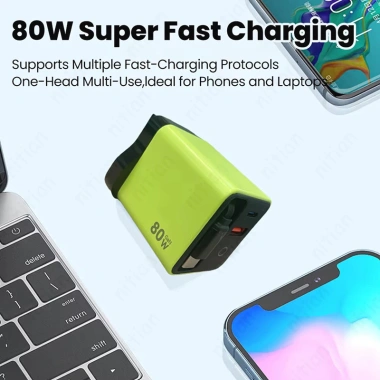 Bộ sạc nhanh 80W GaN cổng kép, cáp Type‑C gập lại, EU/US/UK Plug – Đầu sạc du lịch siêu gọn