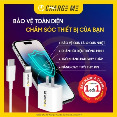 Bộ sạc nhanh Charge Me PD 20W cho iPhone 7-14, chống cháy nổ, BH 6 tháng, 1 đổi 1