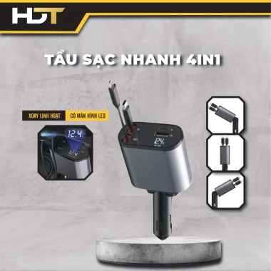 Bộ sạc nhanh ô tô 4 in 1 120W - Tẩu xoay 180 do, LED hiển thị điện áp, chỉ 225k
