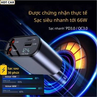 Bộ sạc nhanh ô tô 4 in 1 120W - Tẩu xoay 180 do, LED hiển thị điện áp, chỉ 225k 2