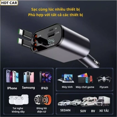 Bộ sạc nhanh ô tô 4 in 1 120W - Tẩu xoay 180 do, LED hiển thị điện áp, chỉ 225k 4