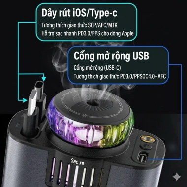 Bộ sạc nhanh ô tô 5 trong 1 tích hợp máy khuếch tán nước hoa và đèn ánh sao - Giá ưu đãi 370.000