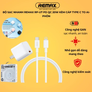 Bộ sạc nhanh Remax RP-U7 PD QC 20W Type-C cho iPhone - Giá 155.000 VND