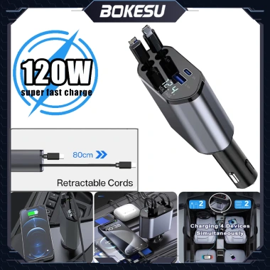 Bộ sạc ô tô 120W sạc nhanh USB Type‑C có dây rút, tương thích iPhone, giá 134.765₫