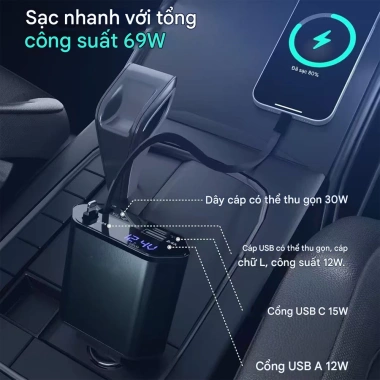 Bộ sạc ô tô 120W sạc nhanh USB Type‑C có dây rút, tương thích iPhone, giá 134.765₫ 4